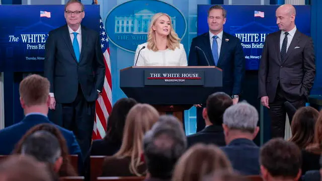 epa11911052 White House Press Secretary Karoline Leavitt (2-L), with Chair of the National Economic Council Kevin Hassett (L), National Security Advisor Michael Waltz (2-R), and White House deputy chief of staff for policy and United States homeland security advisor Stephen Miller, delivers remarks during the daily press briefing at the White House in Washington, DC, USA, 20 February 2025. EPA/SHAWN THEW / POOL