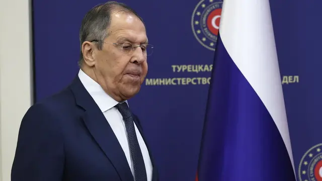 epa11920942 Russian Foreign Minister Sergei Lavrov attends a press conference after a meeting with Turkish Foreign Minister Hakan Fidan (not in picture) in Ankara, Turkey, 24 February 2025. Russian Foreign Minister Lavrov is in Turkey for an one day official visit. EPA/NECATI SAVAS