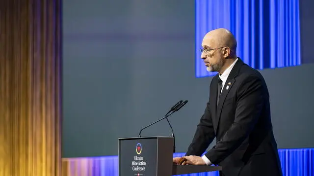 epa11663764 Denys Shmyhal, Prime Minister of Ukraine, speaks during the opening plenary at the Ukraine Mine Action Conference in Lausanne, Switzerland, 17 October 2024. The Ukraine Mine Action Conference UMAC2024 is held in Lausanne on 17â€“18 October 2024, aiming to address the critical importance of mine clearance as a central component of rebuilding society and the economy. EPA/JEAN-CHRISTOPHE BOTT