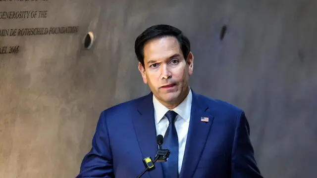 epa11900785 US Secretary of State Marco Rubio speaks during his visit to the Yad Vashem Holocaust Memorial museum in Jerusalem, 16 February 2025, during his first Middle East tour. EPA/JACK GUEZ / POOL