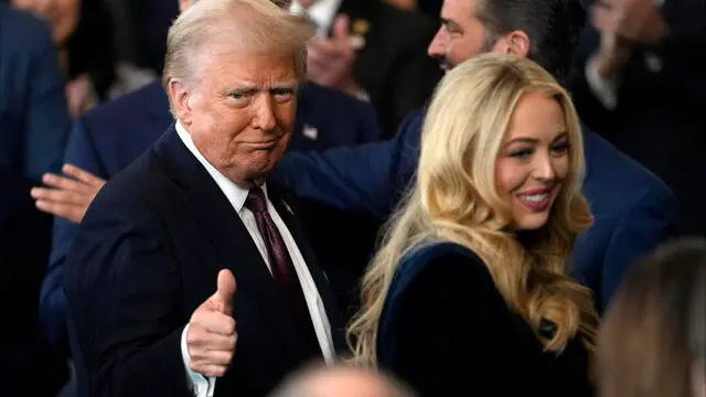 epa11839341 Donald Trump (L) reacts and Tiffany Trump smiles after being sworn in as the 47th president of the United States during the 60th Presidential Inauguration in the Rotunda of the U.S. Capitol in Washington, DC, USA, 20 January 2025. Trump will be sworn in for a second term as president of the United States on 20 January. Trump, who defeated Harris in the 2024 general election, is being sworn in on 20 January 2025 as the 47th president of the United States, though the planned outdoor ceremonies and events have been cancelled due to a forecast of extreme cold temperatures. EPA/JULIA DEMAREE NIKHINSON / POOL