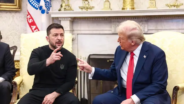 epa11930691 US President Donald Trump (R) meets with Ukrainian President Volodymyr Zelensky (L) in the Oval Office of the White House in Washington, DC, USA, 28 February 2025. Zelensky is in Washington to sign the framework of a deal, pushed by President Trump, to share Ukrainesâ€™s mineral wealth with the US. EPA/JIM LO SCALZO / POOL