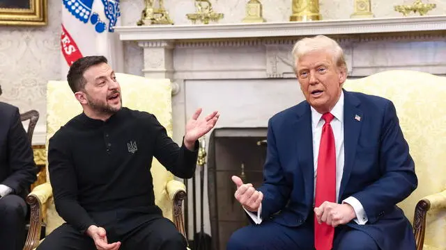 epa11930694 US President Donald Trump (R) meets with Ukrainian President Volodymyr Zelensky (L) in the Oval Office of the White House in Washington, DC, USA, 28 February 2025. Zelensky is in Washington to sign the framework of a deal, pushed by President Trump, to share Ukrainesâ€™s mineral wealth with the US. EPA/JIM LO SCALZO / POOL