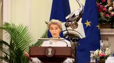 epa11929536 European Commission President Ursula von der Leyen speaks during a joint statement with Indian Prime Minister Narendra Modi (not pictured) at Hyderabad House in New Delhi, India, 28 February 2025. Von der Leyen is on a two-day visit to India to meet senior government officials and politicians. EPA/HARISH TYAGI