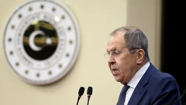 epa11920929 Russian Foreign Minister Sergei Lavrov attends a press conference after a meeting with Turkish Foreign Minister Hakan Fidan (not in picture) in Ankara, Turkey, 24 February 2025. Russian Foreign Minister Lavrov is in Turkey for an one day official visit. EPA/NECATI SAVAS