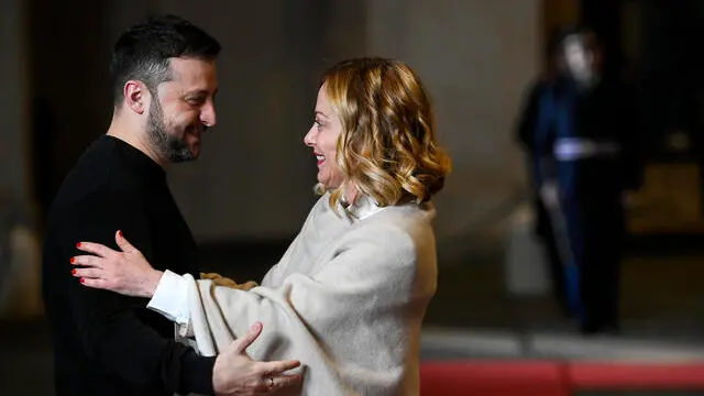 Italian Prime Minister Giorgia Meloni (R) with Ukrainian President Volodymyr Zelensky (L) during their meeting at Palazzo Chigi, Rome, Italy, 9 January 2025. ANSA/RICCARDO ANTIMIANI