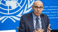 epa11890046 U.N. High Commissioner for Human Rights (UNHCR) Volker Turk speaks during a press conference about the publication of UN Human Rights fact-finding report on Bangladesh protests, at the European headquarters of the United Nations, in Geneva, Switzerland, 12 February 2025. EPA/MARTIAL TREZZINI