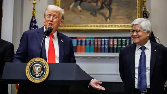 epa11938690 US President Donald Trump announces a $100 billion US investment by Taiwan Semiconductor Manufacturing Company (TSMC) alongside TSMC CEO C. C. Wei in the Roosevelt Room of the White House, in Washington, DC, USA, on 03 March 2025 TSMC is the leading manufacturer of high end semiconductor chips in the world. EPA/Samuel Corum / POOL