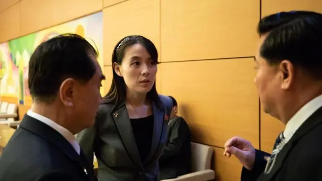 epa07406043 Kim Yo Jong (C), sister of North Korean leader Kim Jong Un, speaks with North Korean officials during a bilateral meeting with the chairwoman of Vietnam's National Assembly, at the National Assembly in Hanoi, Vietnam, 01 March 2019. Kim will have a long train ride home through China to think about what went wrong in his second summit with Donald Trump and how to keep it from reversing his gains of the past year. Others are not identified. EPA/SEONG JOON CHO / POOL