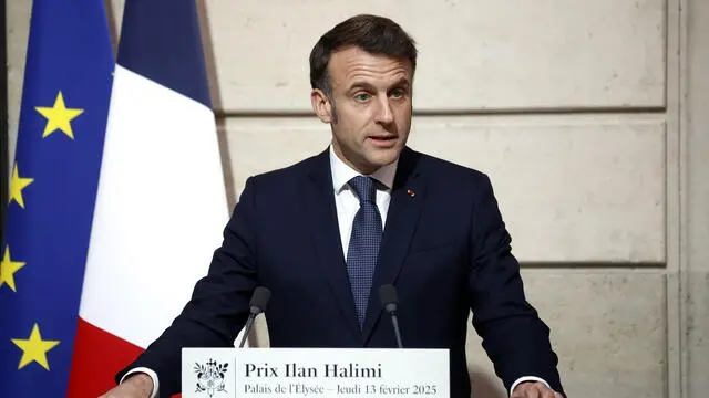 epa11893126 French President Emmanuel Macron delivers a speech during the Ilan Halimi Prize award ceremony at the Elysee Palace in Paris, France, 13 February 2025. The prize, named after the young French man of Moroccan Jewish ancestry Ilan Halimi, who was kidnapped, tortured and killed on 13 February 2006, rewards young people's commitment to combating racism and anti-Semitic prejudices and stereotypes. EPA/YOAN VALAT / POOL