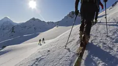 epa03206391 A group of skiers practice ski touring in front of the Flueela-Wisshorn, near Davos, Switzerland, on 04 May 2012. EPA/ARNO BALZARINI