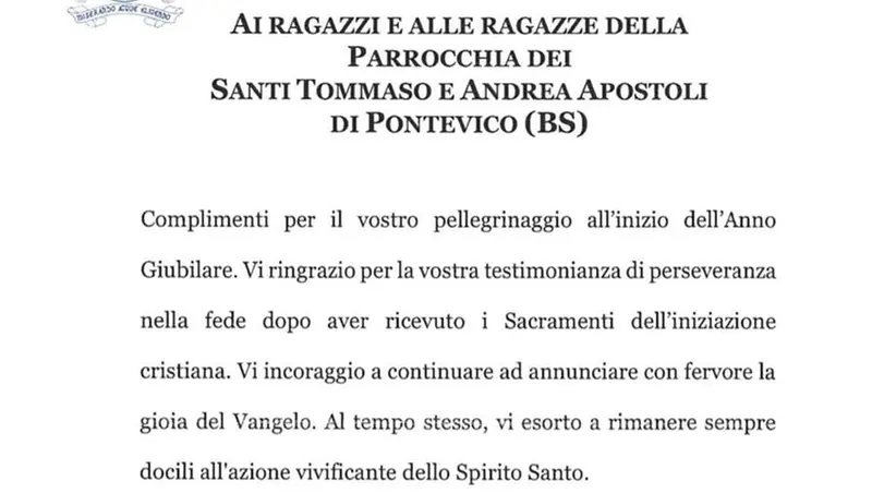 La lettera inviata da papa Francesco ai ragazzi dell'oratorio di Pontevico © www.giornaledibrescia.it