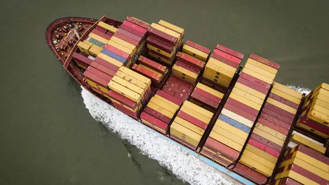 epa11713099 A photo taken with a drone shows the container ship MSC Yukta X (IMO 9146467, MMSI 636022658) on its way to Antwerp Harbour, near Hansweert, the Netherlands, 10 November 2024. The ship, built in 1998, measures 347 meters in length and has the capacity to carry 9,640 containers. Antwerp Harbour is the second-largest port in Europe and is regarded as a significant gateway for trade between Europe and other regions of the world. EPA/OLIVIER HOSLET