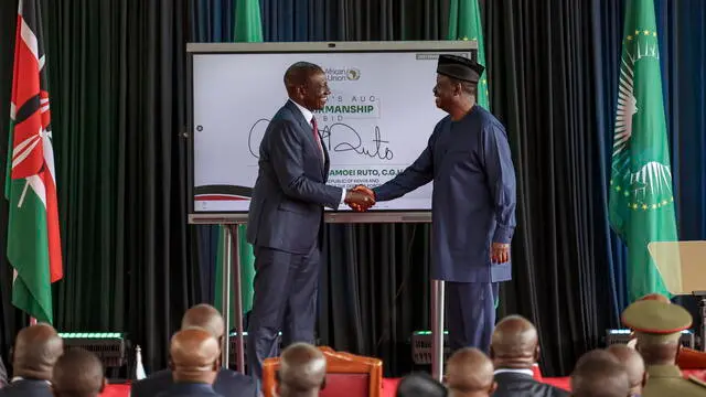 epa11567206 Kenyan President William Ruto (L), shakes hands with Kenyaâ€™s former Prime Minister and opposition leader Raila Odinga (R) after unveiling him as the countryâ€™s candidate for the African Union Commission (AUC) Chairperson, during an event graced by several East Africa Community (EAC) Heads of State held at the State House in Nairobi, Kenya, 27 August 2024. Odinga will be among the four candidates who are eyeing the AUC Chair position in the upcoming AUC elections to be held in February 2025 to choose the fifth Commission Chair to succeed incumbent Chairperson Moussa Faki. EPA/DANIEL IRUNGU