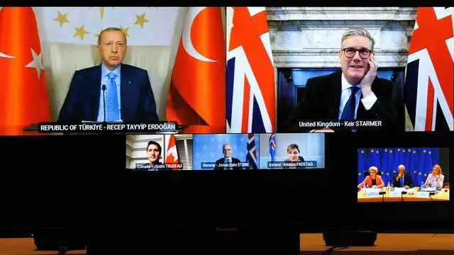 epa11946714 (top L- bottom R) Turkish President Recep Tayyip Erdogan, British Prime Minister Keir Starmer, Canadian Prime Minister Justin Trudeau, Norwegian Prime Minister Jonas Gahr Store, and Icelandic Prime Minister Kristrun Frostadottir participate in a video conference with European Commission President Ursula von der Leyen, EU Council President Antonio Costa, and European Commission Vice-President and High Representative of the Union for Foreign Affairs and Security Policy, Kaja Kallas to update leaders of partner countries on the results of the Special European Council, in Brussels, Belgium, 07 March 2025. A Special European Council was held on 06 March focusing on the EU's defence readiness and capabilities. EPA/OLIVIER MATTHYS