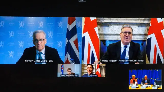 epa11946690 (top L- bottom R) Norwegian Prime Minister Jonas Gahr Store, British Prime Minister Keir Starmer, Icelandic Prime Minister Kristrun Frostadottir and Canadian Prime Minister Justin Trudeau participate in a video conference with European Commission President Ursula von der Leyen and EU Council President Antonio Costa to update leaders of partner countries on the results of the Special European Council, in Brussels, Belgium, 07 March 2025. A Special European Council was held on 06 March focusing on the EU's defence readiness and capabilities. EPA/OLIVIER MATTHYS