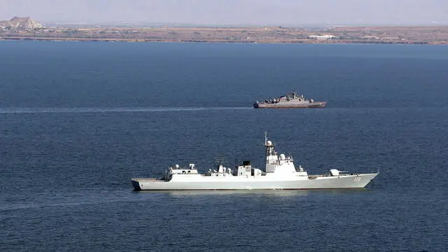 epa11216203 A handout photo made available on 12 March 2024 by the Iranian Army office shows Iranian, Russian and Chinese warships arriving in Iran's territorial waters to take part in joint military drill in southern Iran. According to Iranian state media, Russia, China and Iran will hold a joint military drill called 'Maritime Security 2024' between 12 and 16 March. EPA/IRANIAN ARMY OFFICE HANDOUT HANDOUT EDITORIAL USE ONLY/NO SALES HANDOUT EDITORIAL USE ONLY/NO SALES