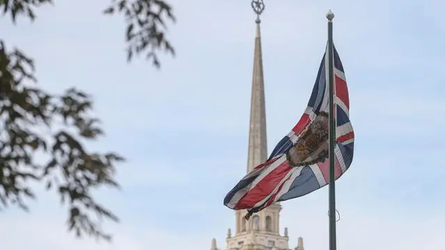 epa11601535 Britain's national flag flies at the British Embassy building in Moscow, Russia, 13 September 2024. Six employees of the British Embassy, â€‹â€‹who were in Russia under the auspices of the Directorate for Eastern Europe and Central Asia of the UK Foreign Office, have been stripped of their accreditation due to signs of intelligence activity discovered in their work, the Public Relations Center of the Russian FSB security service said. EPA/SERGEI ILNITSKY