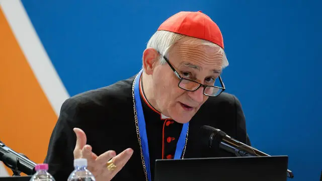 Italian Cardinal Matteo Zuppi speaks during the opening of the First Synodal Assembly of the Catholic Churches at San Paolo Basilica, in Rome, Italy, 15 November 2024. ANSA/GIUSEPPE LAMI