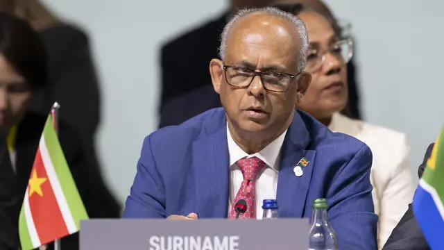 epa11413464 Minister of Foreign Affairs Albert Ramchand Ramdin of Suriname listens to a speech during the opening plenary session of the Summit on Peace in Ukraine, in Stansstad near Lucerne, Switzerland, 15 June 2024. International heads of state gather on 15 and 16 June at the Buergenstock Resort in central Switzerland for the two-day Summit on Peace in Ukraine. EPA/URS FLUEELER / POOL EDITORIAL USE ONLY EDITORIAL USE ONLY