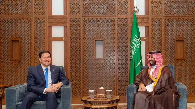 epa11954554 A handout photo made available by the Saudi Royal Palace shows Saudi Arabia's Crown Prince Mohammed bin Salman (R) meeting with US Secretary of State Marco Rubio (L), in Jeddah, Saudi Arabia, 10 March 2025. Rubio is visiting Saudi Arabia for talks with Ukrainian counterparts to advance US President Trumpâ€™s goal of ending the Russia-Ukraine war, according to a State Department statement. EPA/BANDAR ALJALOUD / HANDOUT HANDOUT EDITORIAL USE ONLY/NO SALES