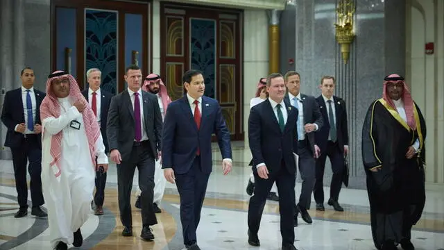 epa11955725 A handout photo made available by the Ukrainian Presidential Press Service shows US Secretary of State Marco Rubio (R) and US National Security Advisor Mike Waltz (L) arriving for a meeting with Ukrainian officials in Jeddah, Saudi Arabia, 11 March 2025. US and Ukrainian officials are holding talks in Jeddah to find a path for peace in the Ukraine. EPA/UKRAINE PRESIDENTIAL PRESS SERVICE HANDOUT HANDOUT HANDOUT EDITORIAL USE ONLY/NO SALES