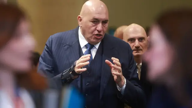 epa11892216 Italian Defence Minister Guido Crosetto gestures at the start of a North Atlantic Treaty Organization 'NATO' defense ministers' meeting at the alliance's headquarters in Brussels, Belgium, 13 February 2025. EPA/OLIVIER HOSLET