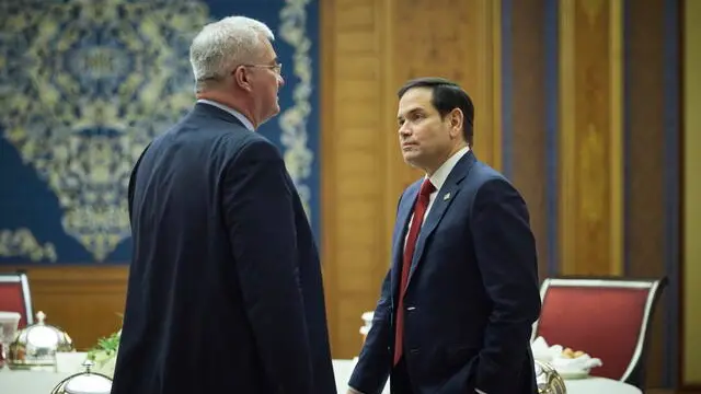 epa11957144 A handout photo made available by the Ukrainian Presidential Press Service shows US Secretary of State Marco Rubio (R) with Ukrainian Foreign Minister Andrii Sybiha (L) during a meeting in Jeddah, Saudi Arabia, 11 March 2025. US and Ukrainian officials are meeting in Saudi Arabia to discuss a path towards restoring peace in Ukraine. EPA/UKRAINIAN PRESIDENTIAL PRESS SERVICE HANDOUT -- MANDATORY CREDIT: UKRAINIAN PRESIDENTIAL PRESS SERVICE -- HANDOUT EDITORIAL USE ONLY/NO SALES