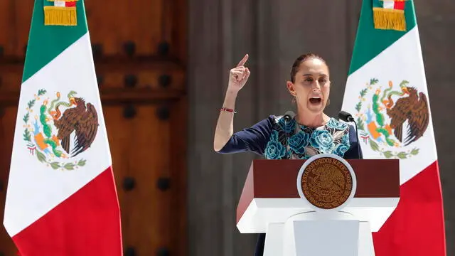 epa11952713 Mexican President Claudia Sheinbaum speaks during a public assembly at the Zocalo square in Mexico City, Mexico, 09 March 2025. EPA/Mario Guzman