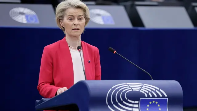 epa11955098 Ursula von der Leyen, European Commission President, speaks during a debate on 'European Council meetings and European Security' at the European Parliament in Strasbourg, France, 11 March 2025. The EU Parliament's session runs from 10 till 13 March 2025. EPA/RONALD WITTEK