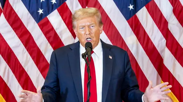 epa11627429 Republican presidential candidate Donald J. Trump speaks during a press conference in the lobby of Trump Tower in New York, New York, USA, 26 September 2024. EPA/JUSTIN LANE