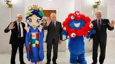 (L-R) Commissioner General for Italy at Expo 2025 Osaka, Mario Vattani, Italian Foreign Minister and Deputy Prime Minister Antonio Tajani, Italian Secretary General of the Ministry of Foreign Affairs and International Cooperation, Riccardo Guariglia pose for a photo with mascot of the Italy Pavilion Italia-chan (2ndL) and the official mascot of the Osaka 2025 Myaku Myaku (2ndR) at Farnesina, Rome 26 February 2025. ANSA/FABIO FRUSTACI