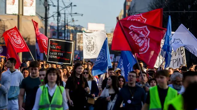 epa11947375 Protesters march during a rally in Belgrade, Serbia, 07 March 2025. University students are calling on a general strike action, demanding accountability after fifteen people lost their lives in the collapse of the Novi Sad Railway Station canopy in November 2024. The station building, which had been renovated and reopened in July 2024, was undergoing further renovations shortly before the collapse. EPA/ANDREJ CUKIC