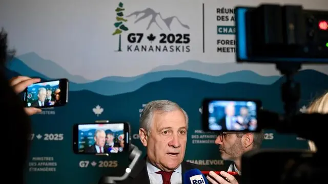 Punto stampa del ministro degli Esteri Antonio Tajani in Canada per la riunione dei Ministri degli Affari Esteri del G7, La Malbaie, Charlevoix, 13 marzo 2025./// Press briefing by Italian Foreign Minister Antonio Tajani in Canada for the G7 Foreign Ministers' meeting, La Malbaie, Charlevoix, 13 March 2025. ANSA/ ALESSANDRO DI MEO