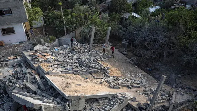 epa10625715 The destroyed house of the Nabhan family following an Israeli air strike in Beit Lahiya town in northern Gaza Strip, 13 May 2023. Ten members of the Nbhan family are disabled. Israel carried out several attacks against the military leadership of the Islamic Jihad movement in the Gaza Strip since 09 May 2023. Fighting continues between Israel and the militants of the Al-Quds Brigades, the armed wing of the Palestinian Islamic Jihad, in Gaza Strip. EPA/HAITHAM IMAD