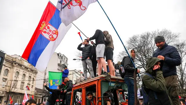 epa11966469 Protesters attend the student-led rally in Belgrade, Serbia, 15 March 2025. University students staged a protest, demanding accountability after fifteen people lost their lives in the collapse of the Novi Sad Railway Station canopy in November 2024. The station building, which had been renovated and reopened in July 2024, was undergoing further renovations shortly before the collapse. EPA/ANDREJ CUKIC