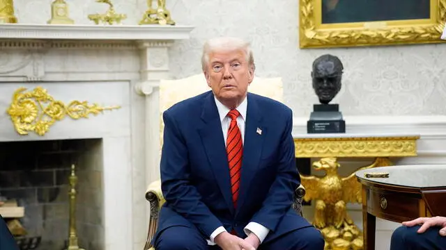 epa11961724 US President Donald Trump looks on during his meeting with NATO Secretary General Mark Rutte in the Oval Office of the White House in Washington, DC, USA, 13 March 2025. EPA/YURI GRIPAS / POOL