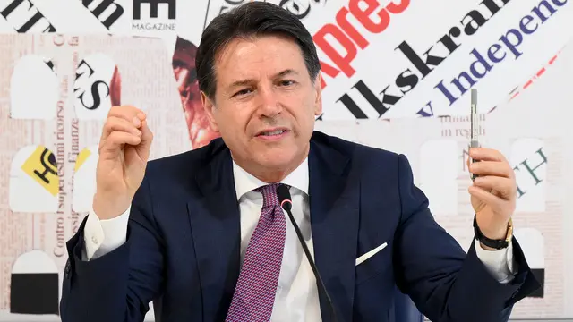 Leader of Italian movement "Movimento 5 Stelle" (Five Stars Movement / M5S), Giuseppe Conte, speaks to journalists during a press conference of the foreign press association, in Rome, Italy, 14 March 2024. ANSA/ETTORE FERRARI