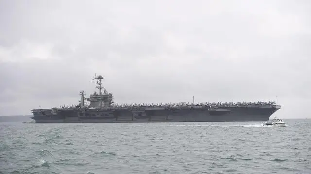 epa07073885 The Harry S. Truman Carrier Navy Ship outside Portsmouth Britain, 06 October 2018. The USS Harry S. Truman is named after the 33rd President of the United States and is the ninth nuclear powered aircraft carrier. The ship is 1.096 feet long, 20 stories high form the waterline and and has area of flying deck of 4.5 acres. Harry S. Truman can reach a top speed of 30+ knots and has a crew of 5000 plus. EPA/FACUNDO ARRIZABALAGA