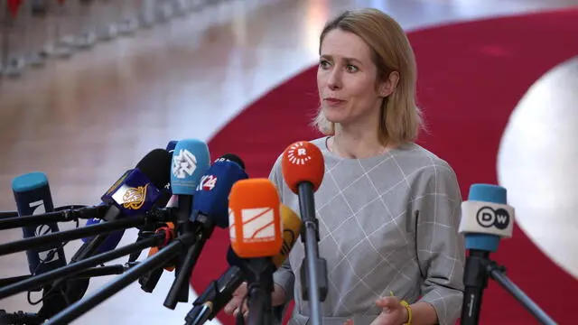 epa11944150 European Commission Vice-President and High Representative of the European Union for Foreign Affairs and Security Policy, Kaja Kallas talks to the press as she arrives for an European Council meeting in Brussels, Belgium, 06 March 2025 The EU leaders are convening for a special summit to discuss ongoing support for Ukraine and enhance European defence. EPA/CHRISTOPHE PETIT TESSON