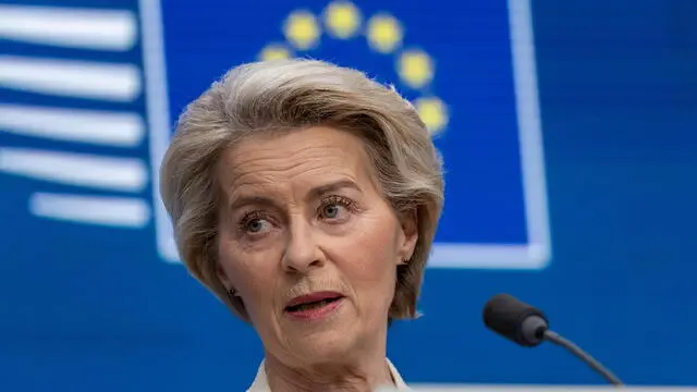 epa11945914 European Commission President Ursula von der Leyen speaks to the media after a Special European Council meeting in Brussels, Belgium, 06 March 2025. The EU leaders are convening for a special summit to discuss ongoing support for Ukraine and enhance European defence. EPA/CHRISTOPHE PETIT TESSON