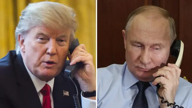 In una combo il presidente americano Donald J. Trump parla al telefono con il presidente russo Vladimir Putin. ANSA/JIM LO SCALZO - GAVRIIL GRIGOROV