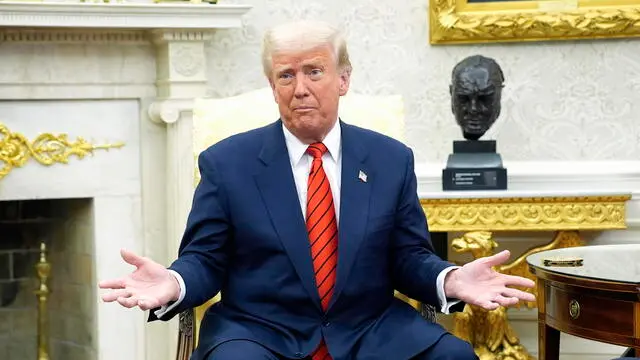 epa11961714 US President Donald Trump gestures during his meeting with NATO Secretary General Mark Rutte in the Oval Office of the White House in Washington, DC, USA, 13 March 2025. EPA/YURI GRIPAS / POOL