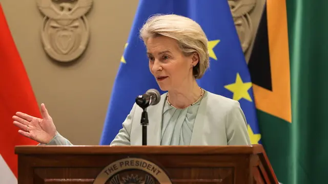 epa11961540 European Commission President Ursula von der Leyen addresses the media after the 8th South Africa-European Union (SA-EU) Summit in Cape Town, South Africa, 13 March 2025. EPA/HALDEN KROG