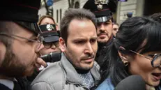 Andrea Sempio esce dalla caserma dei Carabinieri Montebello di via Vincenzo Monti accompagnato dai suoi avvocati, Milano 13 Marzo 2025 ANSA/MATTEO CORNER