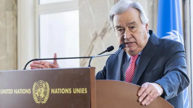 epa11972149 UN Secretary-General Antonio Guterres talks to the media after the informal 5+1 Meeting on Cyprus at the European headquarters of the United Nations in Geneva, Switzerland, 18 March 2025. The informal 5+1 meeting on Cyprus, which is being held on 17 and 18 March, in the context of the Secretary General's office's efforts on the Cyprus issue. EPA/SALVATORE DI NOLFI