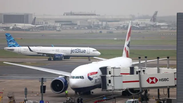 epa11844771 Planes at Heathrow Airport near London, Britain, 22 January 2025. Britainâ€™s Chancellor of the Exchequer, Rachel Reeves, has refused to comment in Parliament on leaked government plans to announce a third runway at Heathrow and an expansion of Gatwick and Luton airports. Heathrow is Britain's busiest airport, ranking amongst the highest footfall in the world with 79.2 million passengers passing through its gates. EPA/NEIL HALL