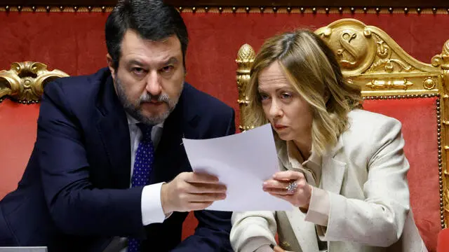 Italian Prime Minister Giorgia Meloni flanked by Italian Minister for Infrastructure and Deputy Prime Minister Matteo Salvini (L) during her reports on the upcoming European Council to the Senate Rome, Italy, 18 December 2024. EU leaders will attend a European Council meeting in Brussels on 19 December. ANSA/FABIO FRUSTACI