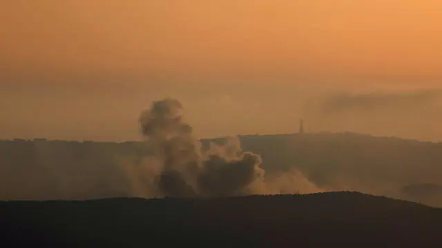 epa11655093 Smoke rises as a result of an Israeli airstrike in southern Lebanon, as seen from the Israeli side of the border, in northern Israel, 11 October 2024. Israel's military stated that around 20 projectiles were identified crossing from Lebanon into Israeli territory in the Upper Galilee area on 11 October. Israeli fighter jets struck 'several Hezbollah launchers' from which rockets were fired toward northern Israel, the statement added. EPA/ATEF SAFADI