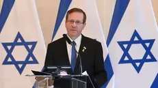 epa11904657 Israeli President Isaac Herzog speaks during a joint press conference held with Hungarian President Tamas Sulyok (not pictured) in the presidential Alexander Palace in Budapest, Hungary, 18 February 2025. President Herzog is on an official visit to Hungary. EPA/NOEMI BRUZAK HUNGARY OUT